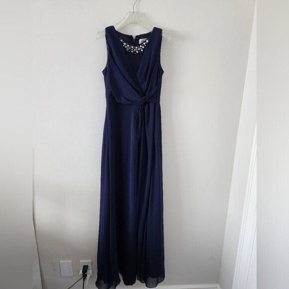 ELIZA J | Embellished Chiffon Fit & Flare Gown Dress EJ6M1353 Navy Blue sz 6 - Picture 3 of 6